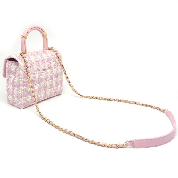 6h0052 2 CHANEL mini flap bag tweed top handle handbag chain shoulder Bag white x pink