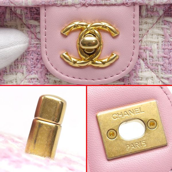 6h0052 5 CHANEL mini flap bag tweed top handle handbag chain shoulder Bag white x pink