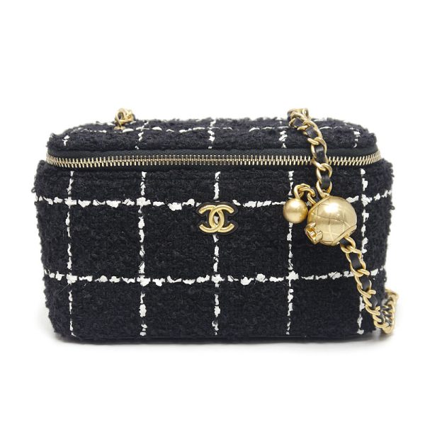 6h0130 1 CHANEL tweed vanity bag chain shoulder black x white gold hardware