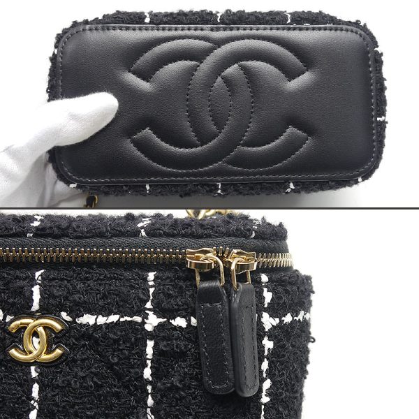 6h0130 3 CHANEL tweed vanity bag chain shoulder black x white gold hardware