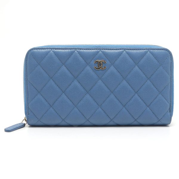 6h0509 1 CHANEL Round Zip Long Wallet Matelasse Caviar Skin Blue