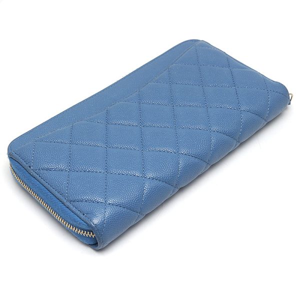 6h0509 2 CHANEL Round Zip Long Wallet Matelasse Caviar Skin Blue