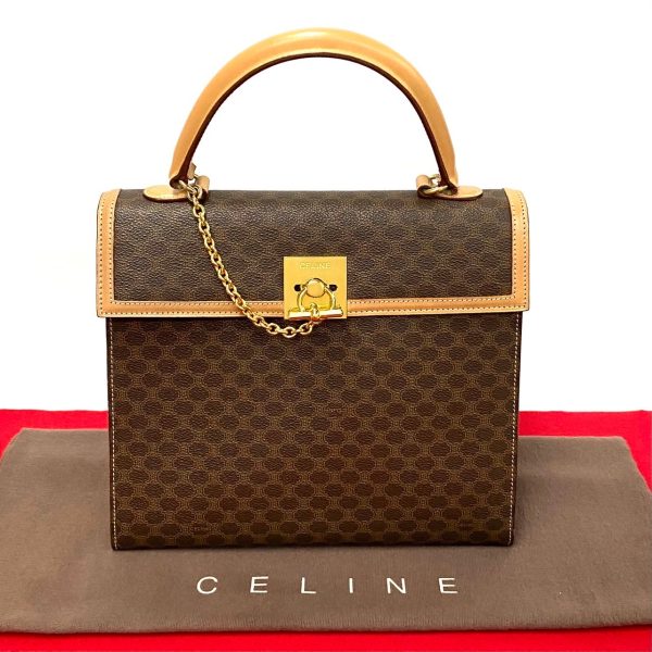 6sba a2868935 1 Celine Vintage Macadam Blason Triomphe Logo Ring Hardware Leather Handbag Brown