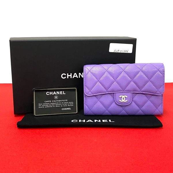 6sba a2901386 1 Chanel Caviar Skin Leather Coco Mark Bifold Wallet Purple