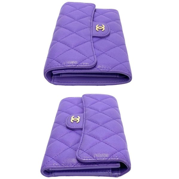 6sba a2901386 4 Chanel Caviar Skin Leather Coco Mark Bifold Wallet Purple