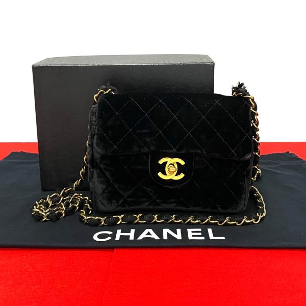 6sbb wz355058 1 Chanel Vintage Coco Mark Velor Chain Shoulder Bag Black