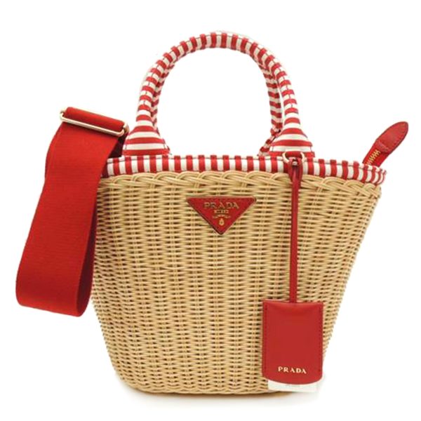 70421 1 PRADA Handbag Basket Bag Straw Basket Shoulder Wicker Hand Bag Red