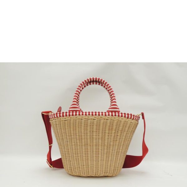 70421 2 PRADA Handbag Basket Bag Straw Basket Shoulder Wicker Hand Bag Red