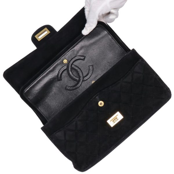 70867 5 Chanel 255 Velor W Flap Chain Shoulder Bag Black