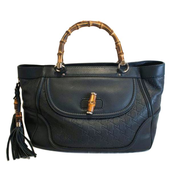 70873 1 Gucci Gucci Shima Leather Bamboo Handbag Navy