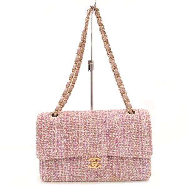 70989 1 CHANEL Coco Mark Diagonal Leather Tweed Chain Shoulder Bag Pink