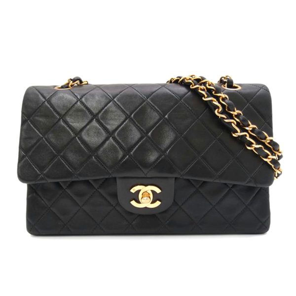 71351 1 CHANEL Vintage Matrassel Lambskin W Flap Chain Shoulder Bag Black