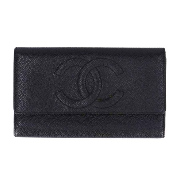 71550 1 Chanel Coco Mark Stitch Caviar Skin Long Wallet Black