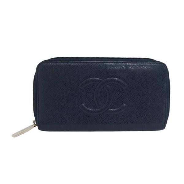 71574 1 Chanel Caviar Skin Coco Mark Round Zipper Long Wallet Navy