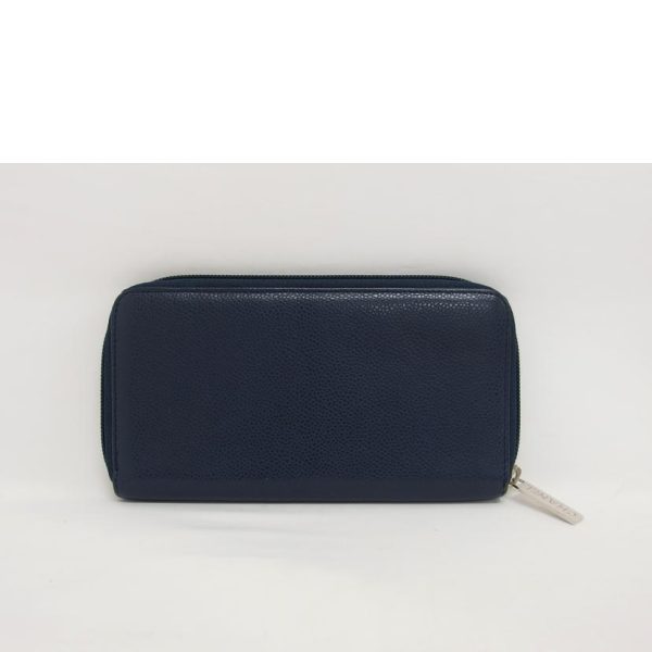 71574 2 Chanel Caviar Skin Coco Mark Round Zipper Long Wallet Navy