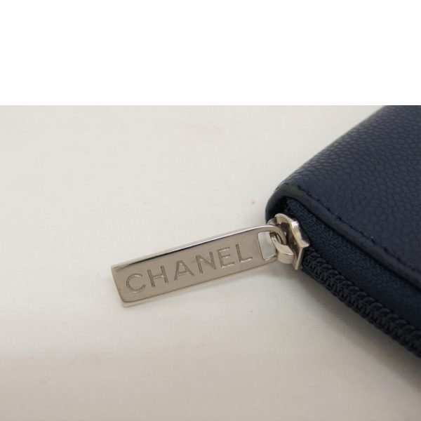 71574 4 Chanel Caviar Skin Coco Mark Round Zipper Long Wallet Navy