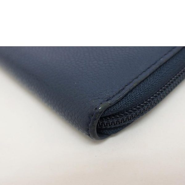 71574 8 Chanel Caviar Skin Coco Mark Round Zipper Long Wallet Navy