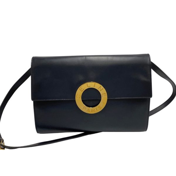 719a718 37376 1 Celine Circle Logo Metal Calf Leather 2way Shoulder Pochette Bag Navy