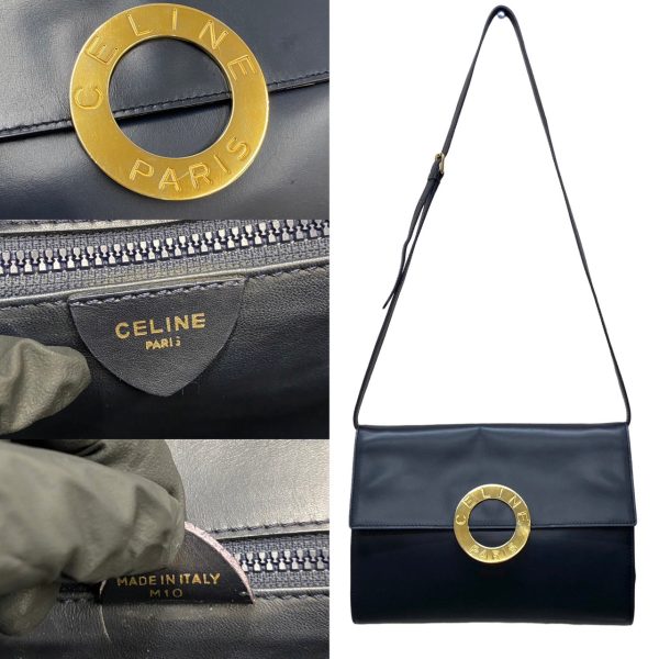 719a718 37376 3 Celine Circle Logo Metal Calf Leather 2way Shoulder Pochette Bag Navy