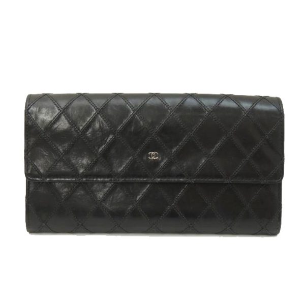 75625 1 CHANEL Coco Mark Double Stitch Leather Bicolor Bi Fold Long Wallet Black