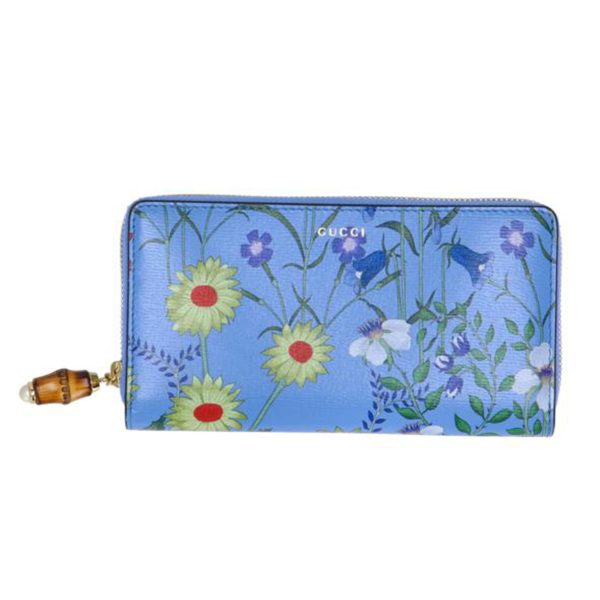 75817 1 Gucci Bamboo Floral Round Zipper Long Wallet Blue