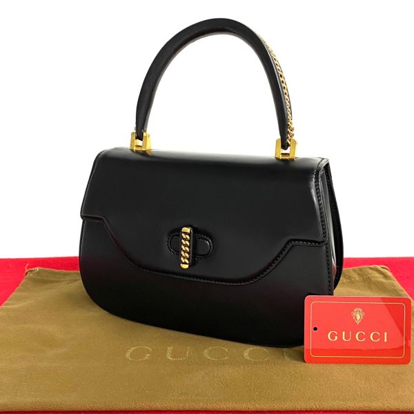 760k760 22849 1 Gucci Vintage Vintage Chain Handle Turnlock Calf Leather Handbag Black