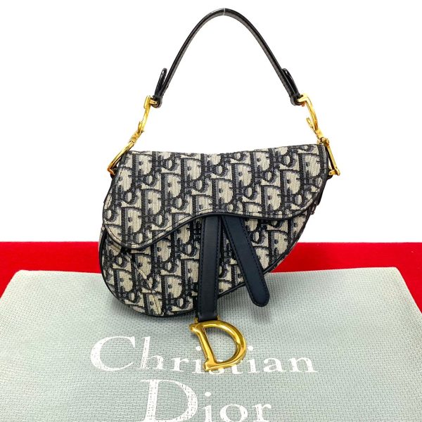 762k762 31736 1 Christian Dior Saddle Bag Trotter Leather Canvas Mini Handbag Navy