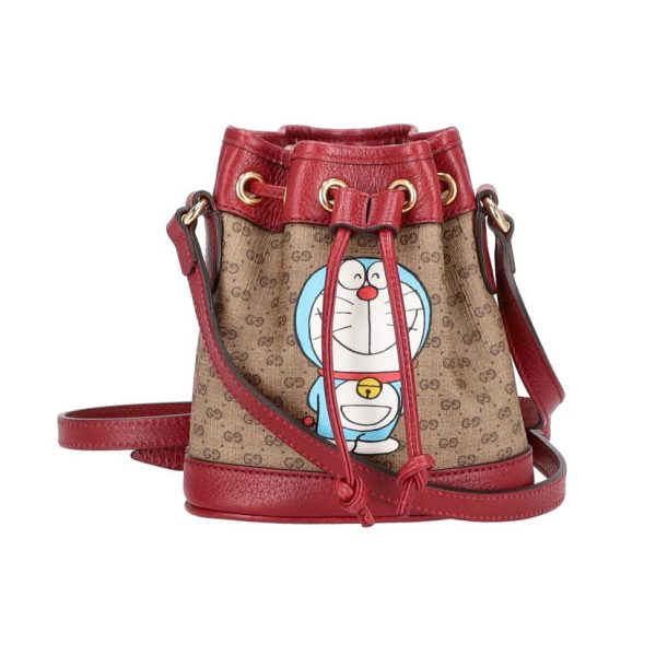 76767 1 Gucci Doraemon Mini Bucket Bag Red Brown