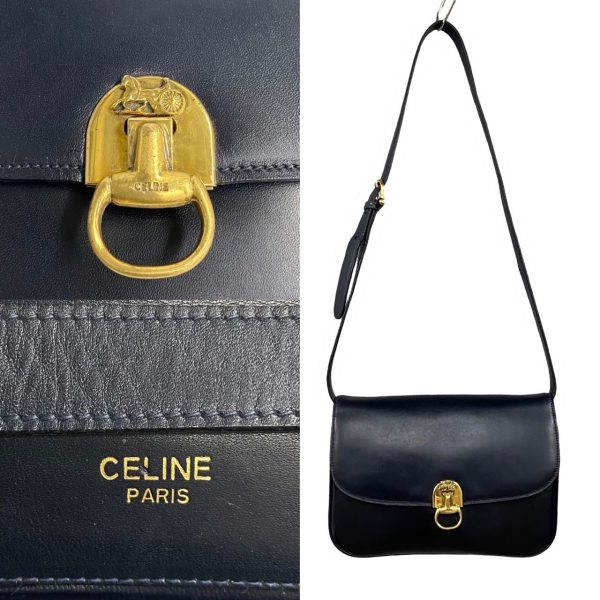 767l767 21672 4 Celine Vintage Logo Carriage Metal Calf Leather Shoulder Bag Pochette Sacoche Navy