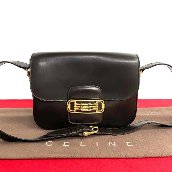 768l768 25571 1 Celine Vintage 3 row Horsebit Logo Calf Leather Mini Shoulder Bag Pochette Brown