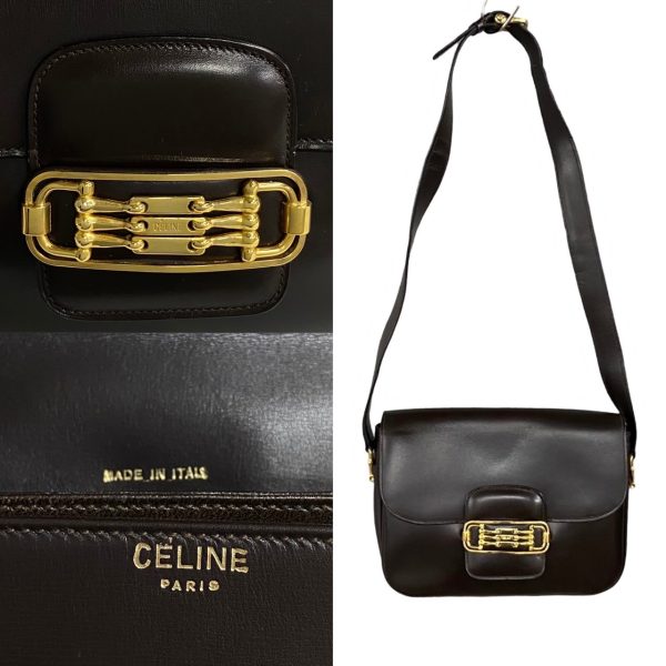 768l768 25571 4 Celine Vintage 3 row Horsebit Logo Calf Leather Mini Shoulder Bag Pochette Brown