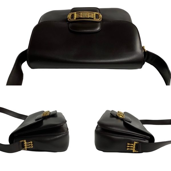 768l768 25571 6 Celine Vintage 3 row Horsebit Logo Calf Leather Mini Shoulder Bag Pochette Brown