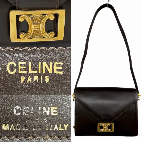 770a770 28828 5 Celine Vintage Macadam Blason Logo Metal Fittings Calf Leather Mini Shoulder Bag Brown