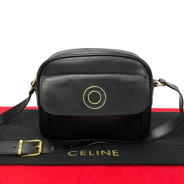 771a771 31612 1 Celine Vintage Circle Logo Hardware Leather Mini Shoulder Bag Pochette Black