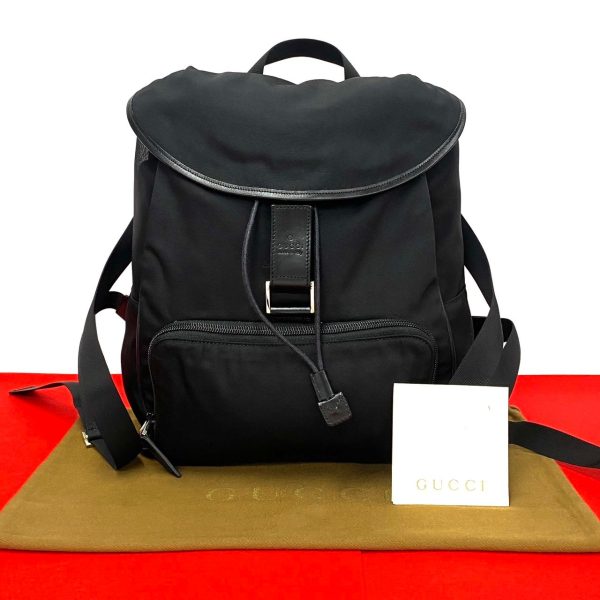 772a772 24791 1 Gucci Logo Nylon Leather Drawstring Rucksack Backpack Black