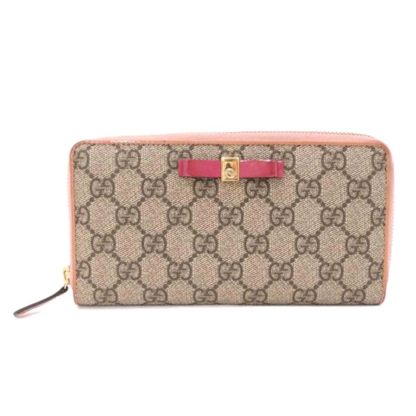 78325 1 Gucci Ribbon GG Supreme Round Zipper Long Wallet Pink