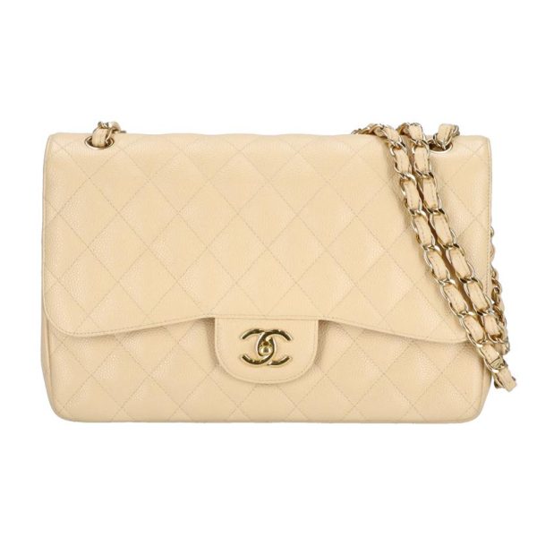 79699 1 Chanel Deca Matelassé Double Flap Chain Shoulder Bag Caviar Skin Beige