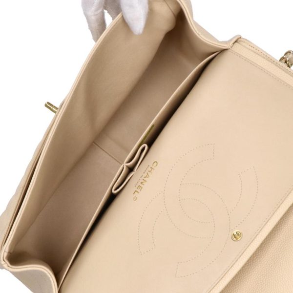 79699 7 Chanel Deca Matelassé Double Flap Chain Shoulder Bag Caviar Skin Beige