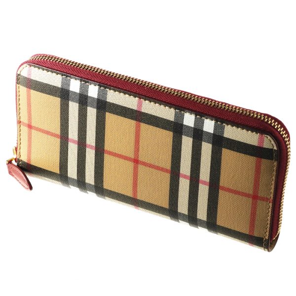 8005389 BURBERRY Vintage Check Leather Long Wallet Crimson Red