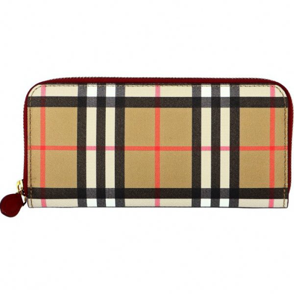 8005389 1 BURBERRY Vintage Check Leather Long Wallet Crimson Red