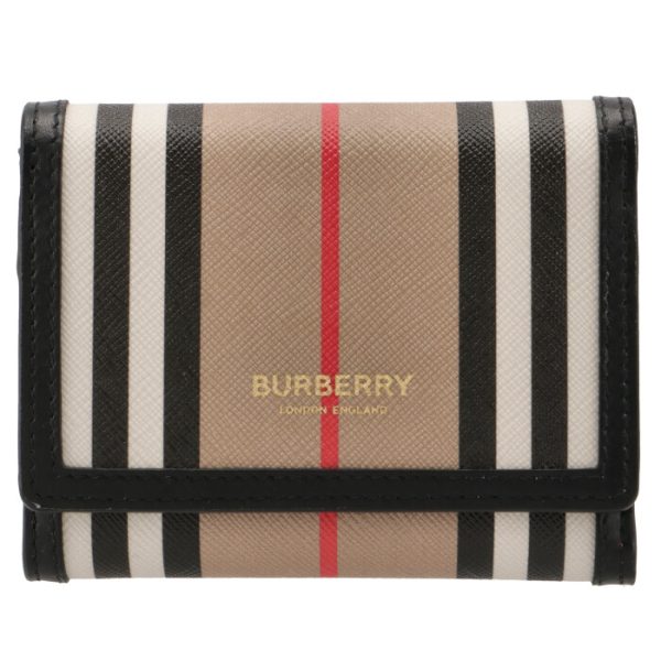 8026003 1 BURBERRY Striped Leather Tri fold Mini Wallet Beige