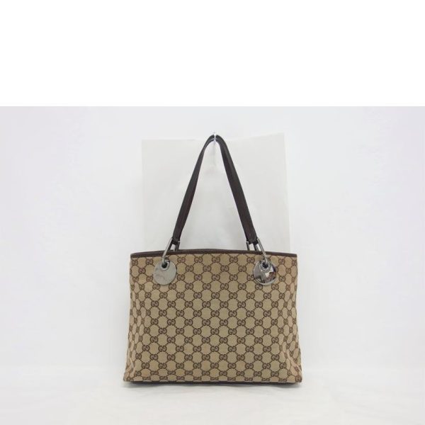 82952 2 Gucci GG Canvas Leather Tote Bag Brown Beige