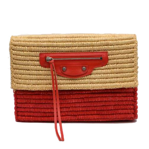 86393 1 Balenciaga Raffia Straw Clutch Bag Natural Red