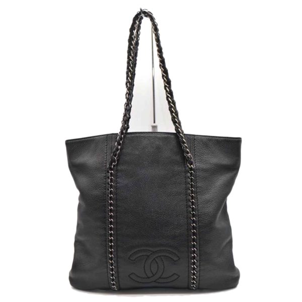 86653 1 Chanel Cocomark Luxury Line Chain Leather Tote Bag Black