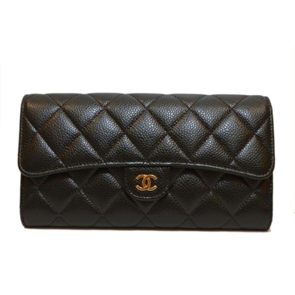 86737 1 CHANEL Matelasse Caviar Skin Coco Mark Long Wallet Black