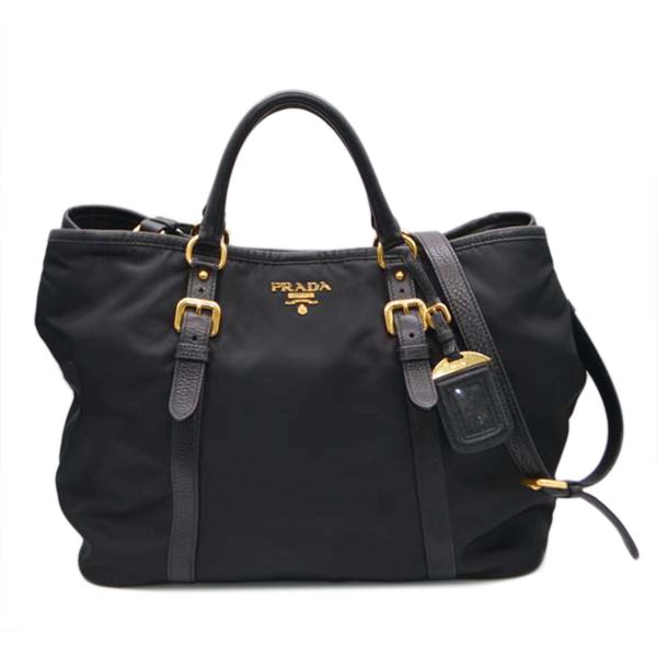 86908 1 PRADA Prada Tessuto Nylon Vitello 2way Leather Handbag Black