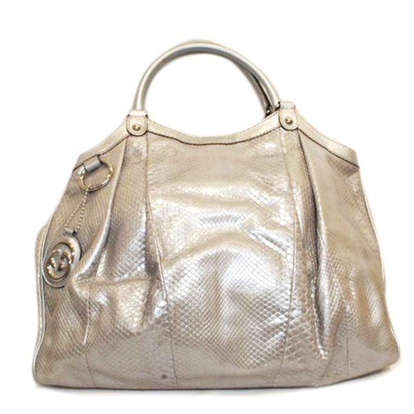 87032 1 Gucci Python Leather Sookie Silver Tote Bag