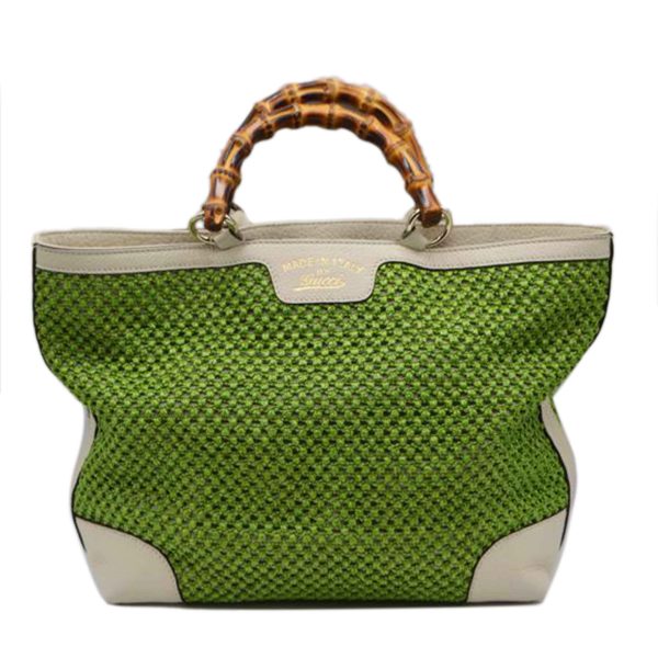 87355 1 Gucci Bamboo Straw Mesh Leather Hand Bag Khaki