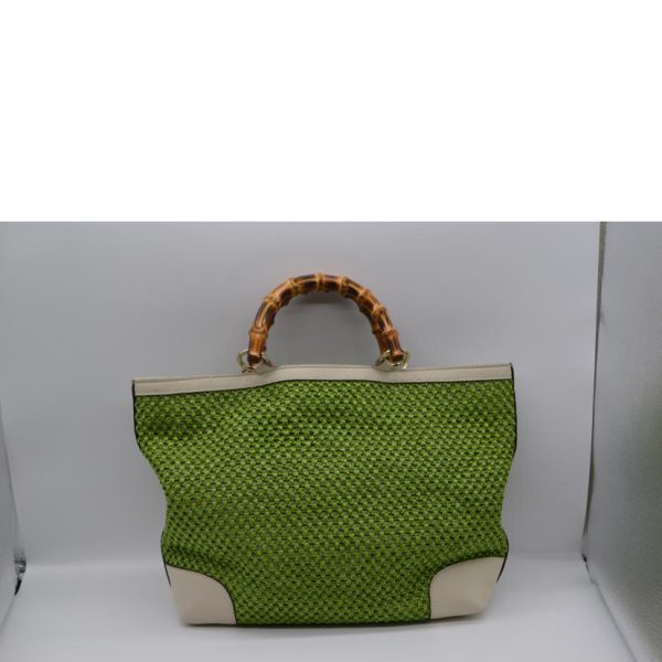 87355 2 Gucci Bamboo Straw Mesh Leather Hand Bag Khaki