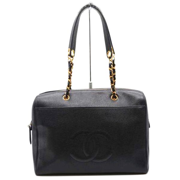 87657 1 Chanel BIC COCO MARK Caviar Skin Chain Shoulder Tote Bag Black